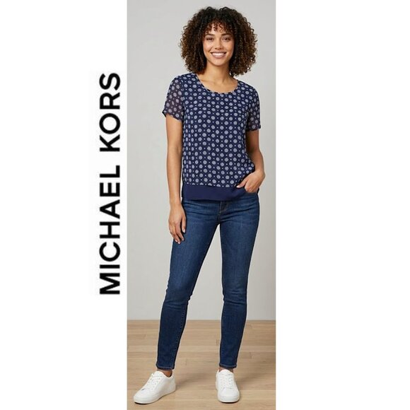 MICHAEL KORS, short sleeve geometric floral print blouse - Picture 1 of 11